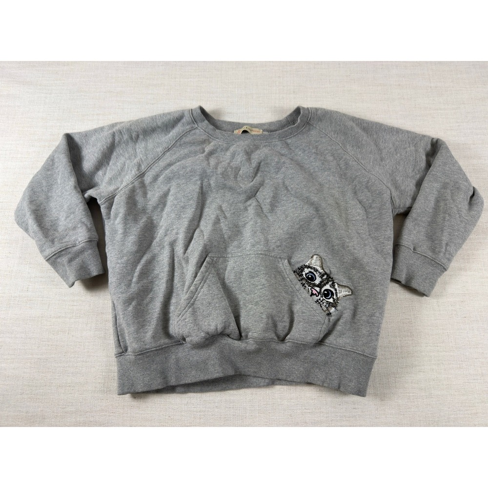 Paul & Joe Sister Gray Cat Embroidered Pocket Sweatshirt Pullover Raglan Sleeves